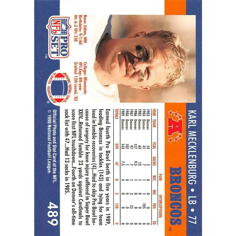 1990 Pro Set #489 Karl Mecklenburg NM-MT Denver Broncos Football Card - Football Card Single