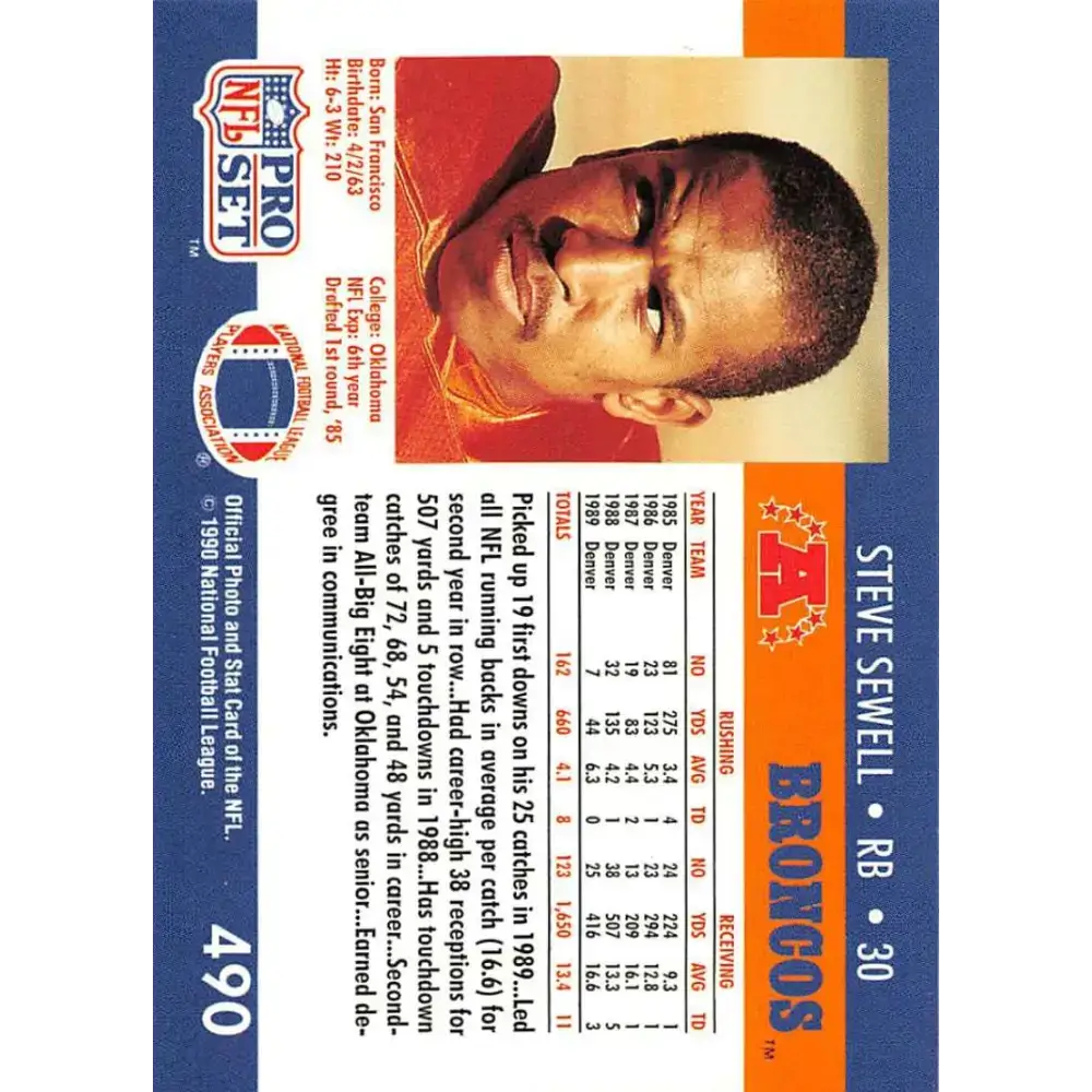 1990 Pro Set #490 Steve Sewell NM-MT Denver Broncos Football Card - Football Card Single
