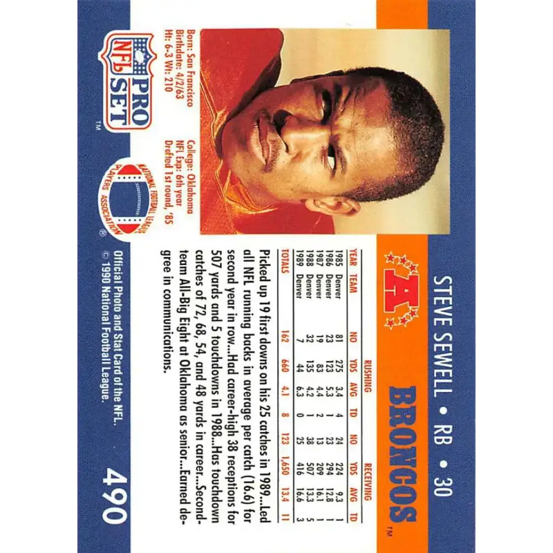1990 Pro Set #490 Steve Sewell NM-MT Denver Broncos Football Card - Football Card Single