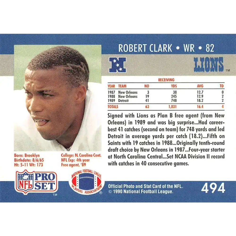 1990 Pro Set #494 Robert Clark NM-MT RC Rookie Detroit Lions Football Card - Football Card Single