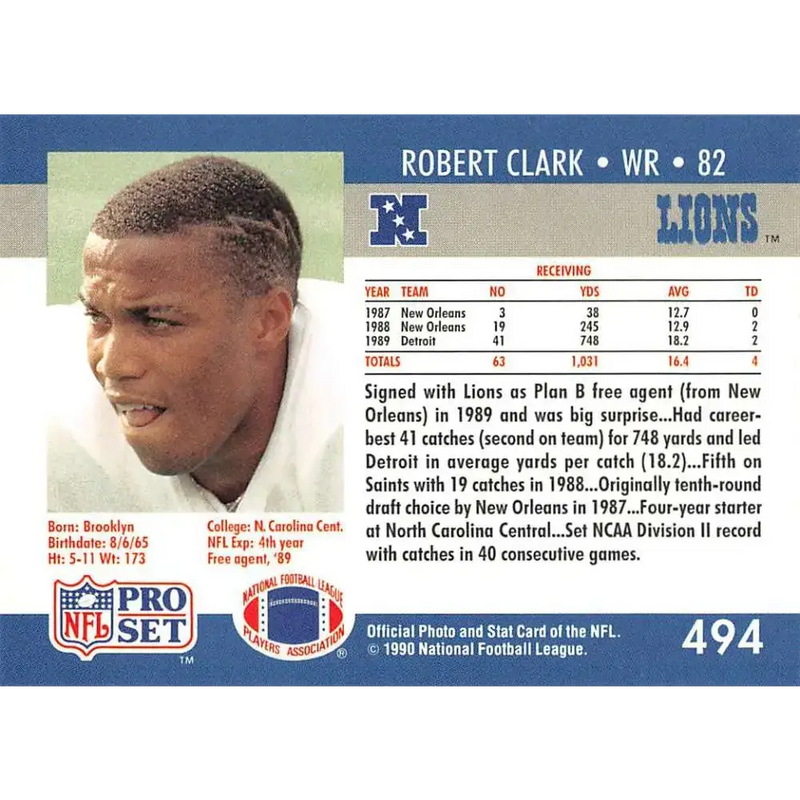 1990 Pro Set #494 Robert Clark NM-MT RC Rookie Detroit Lions Football Card - Football Card Single