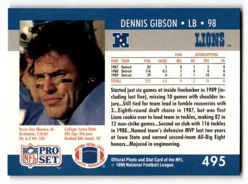 Dennis Gibson Detroit Lions football card from 1990 Pro Set #495 EX/NM