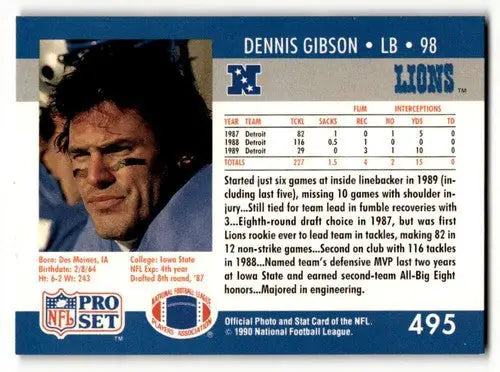 Original gloss Dennis Gibson Detroit Lions football card from 1990 Pro Set