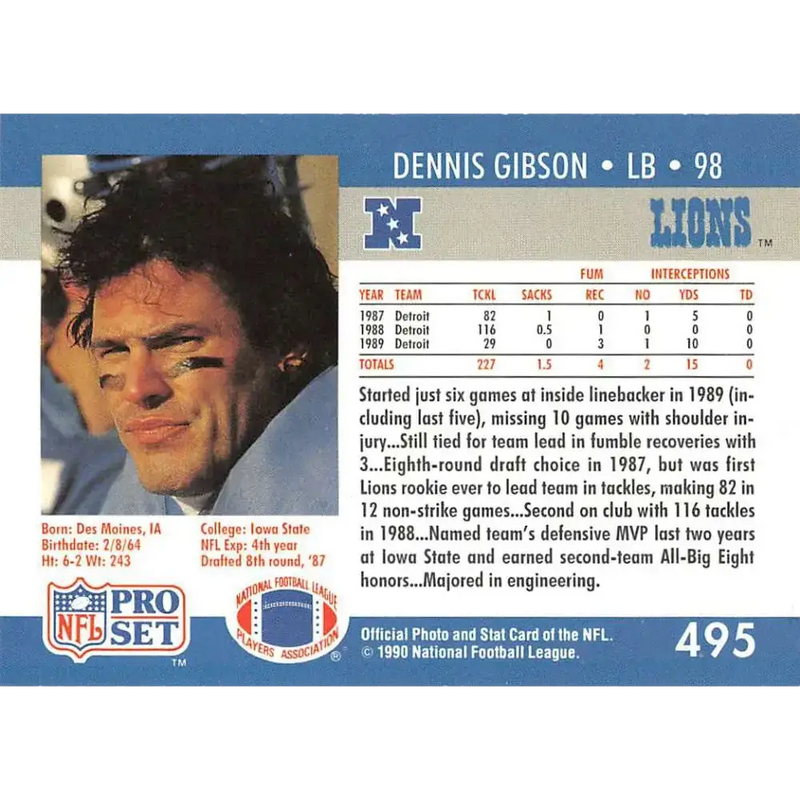 1990 Pro Set #495 Dennis Gibson NM-MT Detroit Lions Football Card - Football Card Single