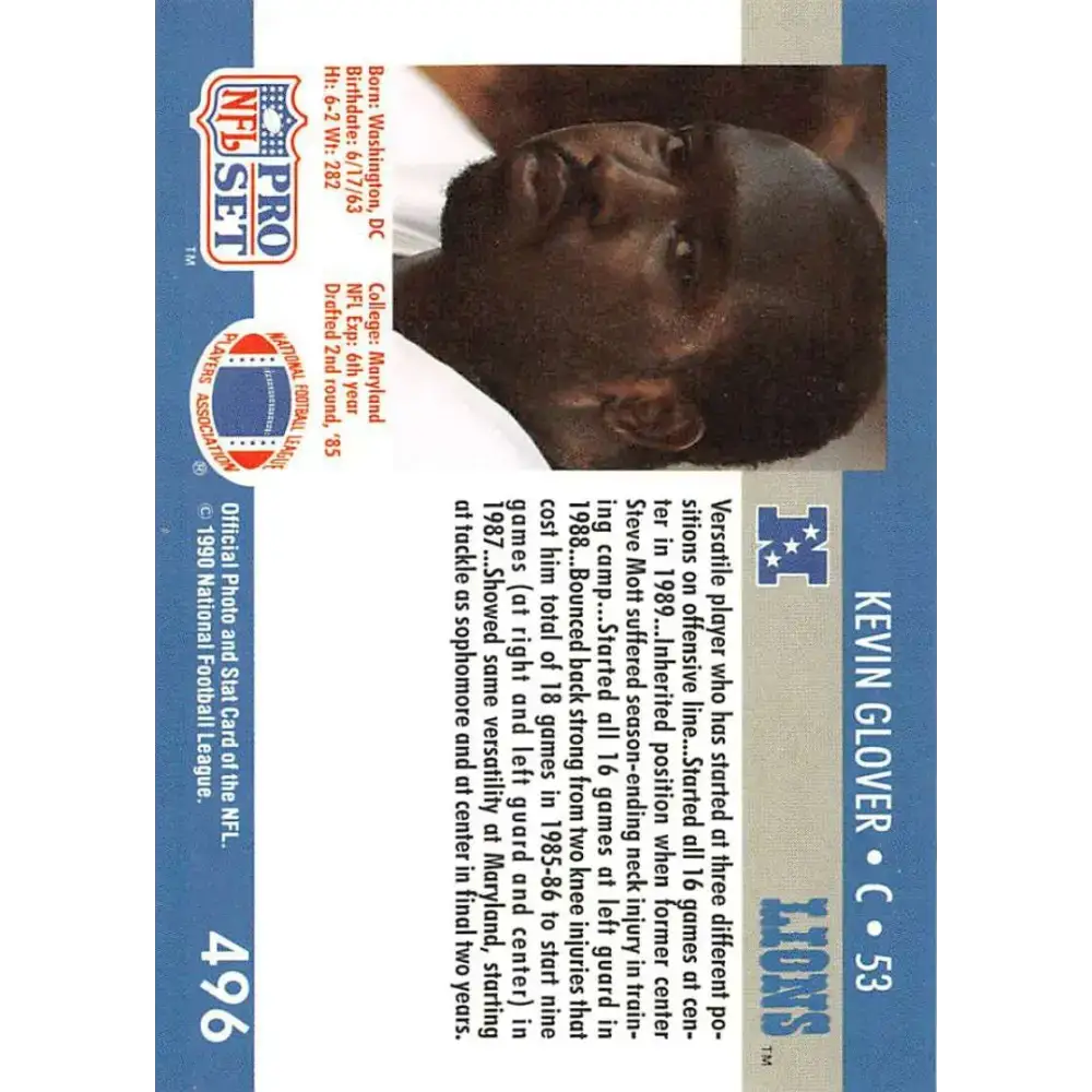 1990 Pro Set #496B Kevin Glover NM-MT RC Rookie Detroit Lions Football Card - Football Card Single