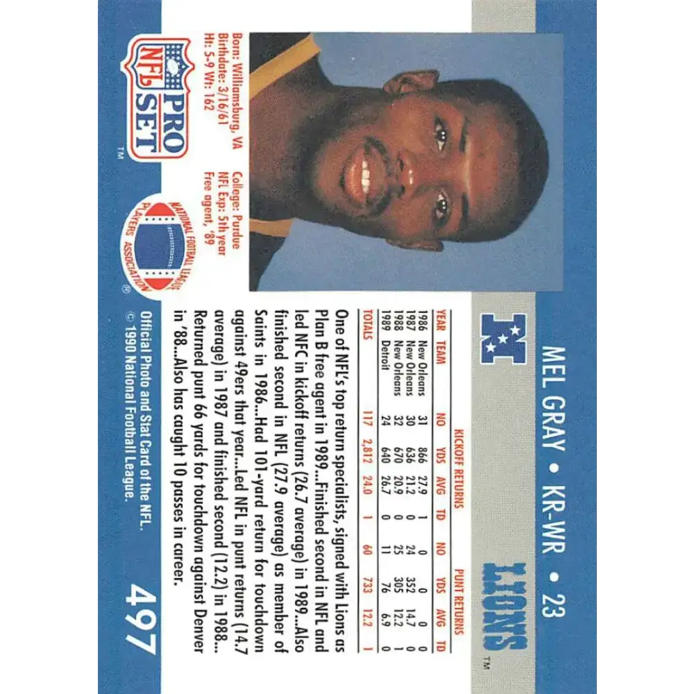 1990 Pro Set #497 Mel Gray NM-MT Detroit Lions Football Card - Football Card Single