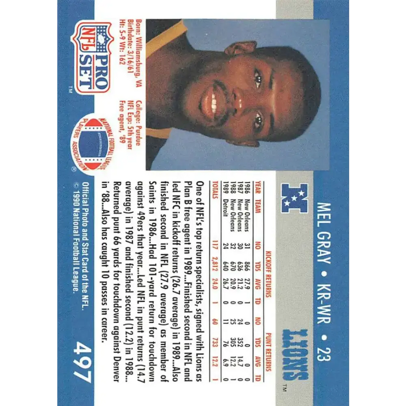 1990 Pro Set #497 Mel Gray NM-MT Detroit Lions Football Card - Football Card Single