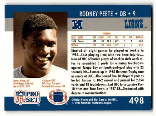 Rodney Peete Detroit Lions football card from 1990 Pro Set #498 in EX/NM condition