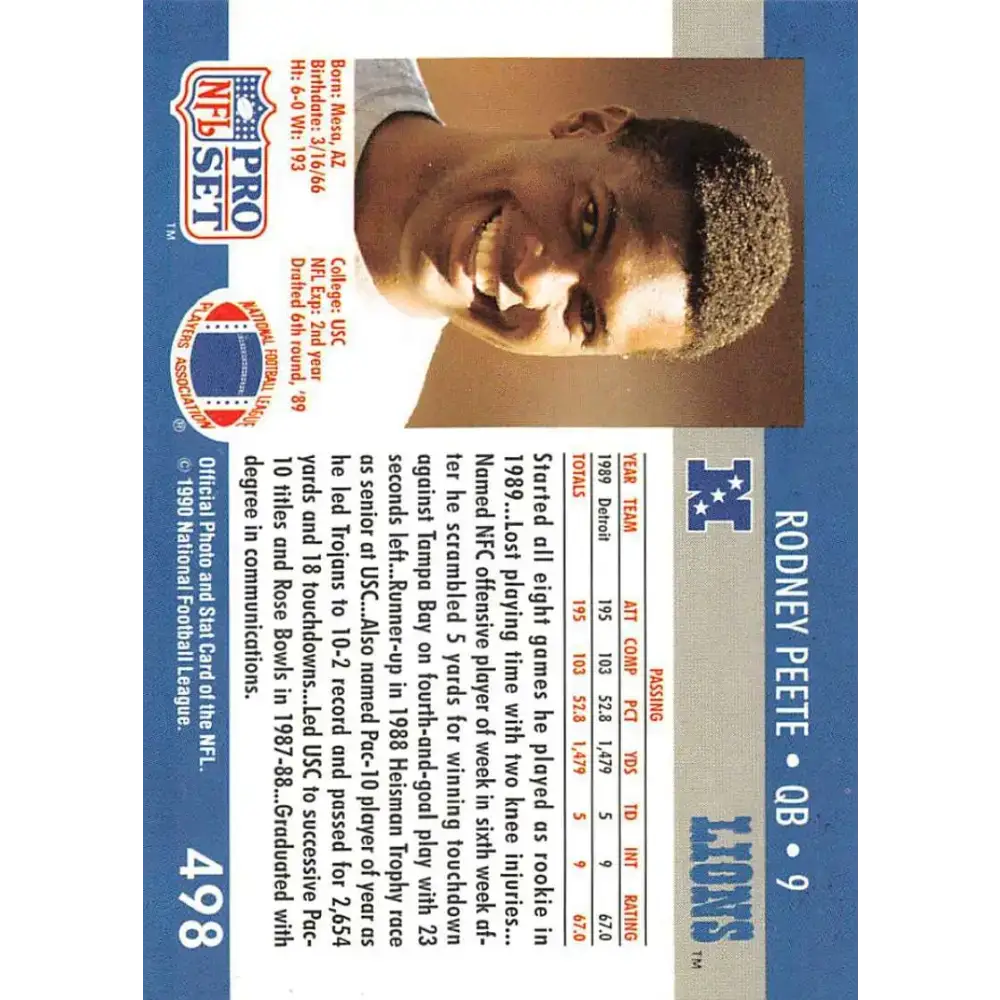 1990 Pro Set #498 Rodney Peete NM-MT Detroit Lions Football Card - Football Card Single