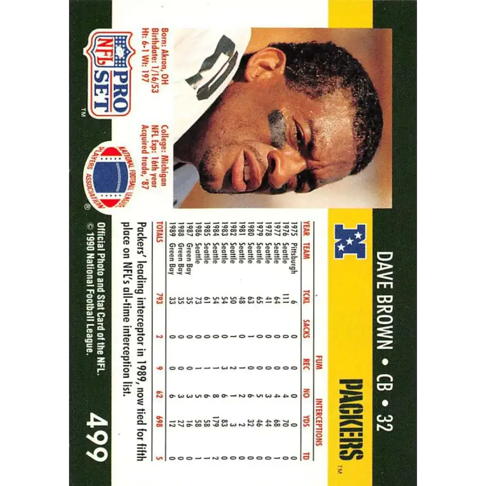 1990 Pro Set #499 Dave Brown NM-MT Green Bay Packers Football Card - Football Card Single