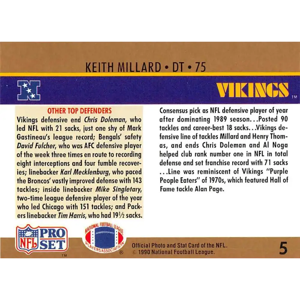 1990 Pro Set #5 Keith Millard NM-MT Minnesota Vikings Football Card - Football Card Single
