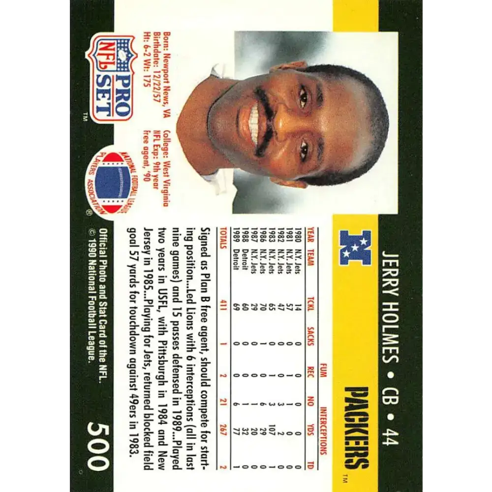 1990 Pro Set #500 Jerry Holmes NM-MT RC Rookie Green Bay Packers Football Card - Football Card Single
