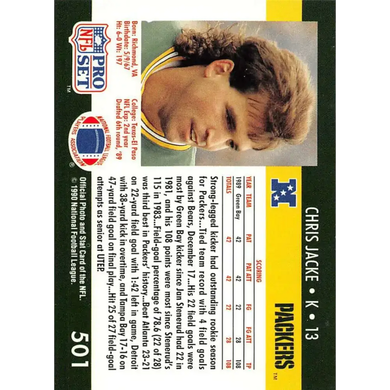 1990 Pro Set #501 Chris Jacke NM-MT Green Bay Packers Football Card - Football Card Single
