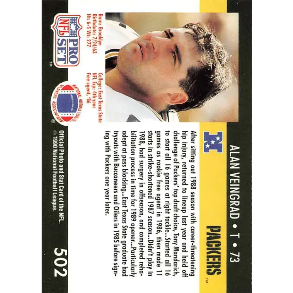 1990 Pro Set #502 Alan Veingrad NM-MT RC Rookie Green Bay Packers Football Card - Football Card Single