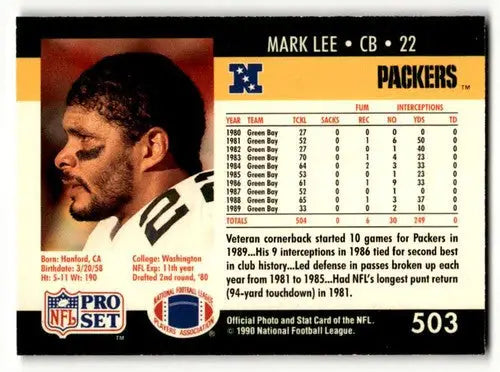 Original gloss Mark Lee Green Bay football card from 1990 Pro Set #503