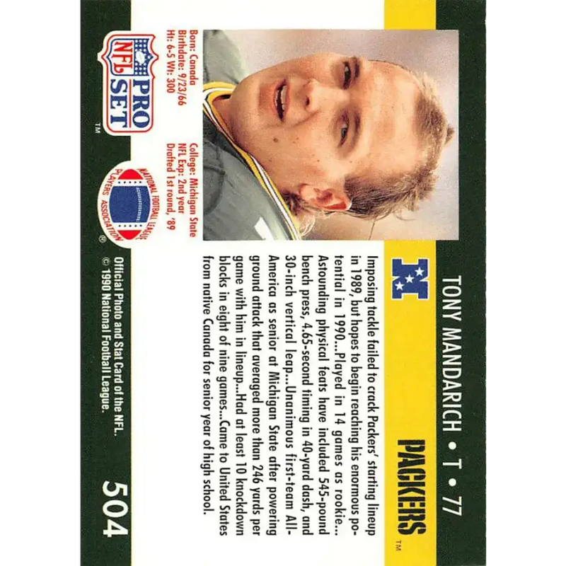 1990 Pro Set #504 Tony Mandarich NM-MT Green Bay Packers Football Card - Football Card Single