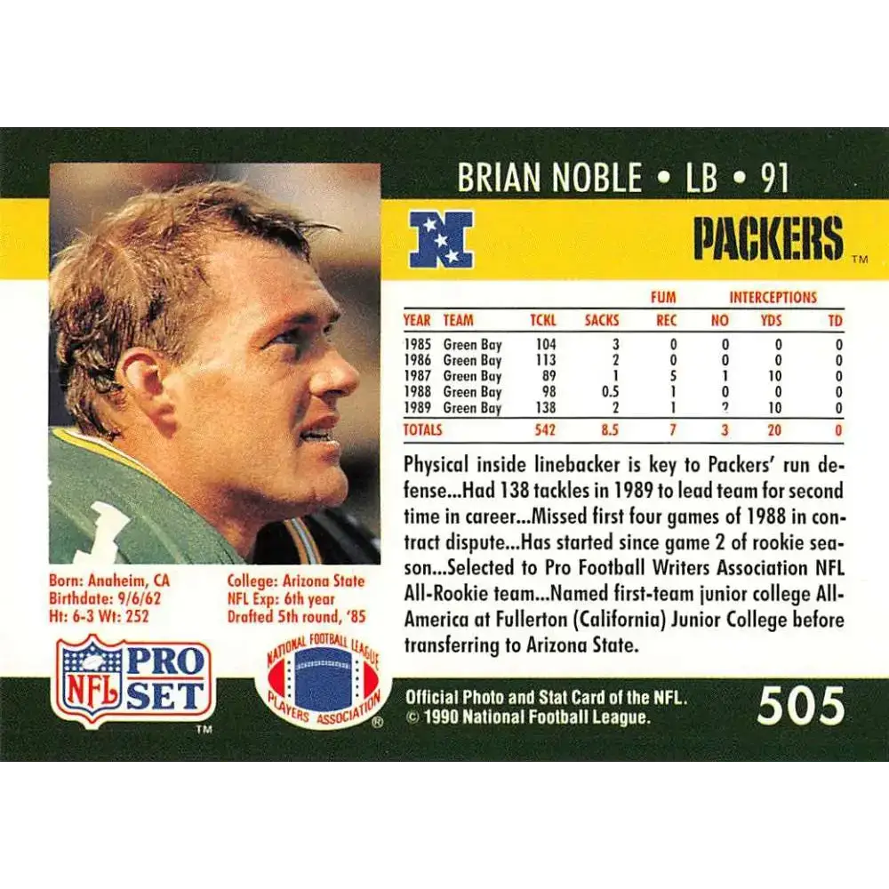 1990 Pro Set #505 Brian Noble NM-MT Green Bay Packers Football Card - Football Card Single