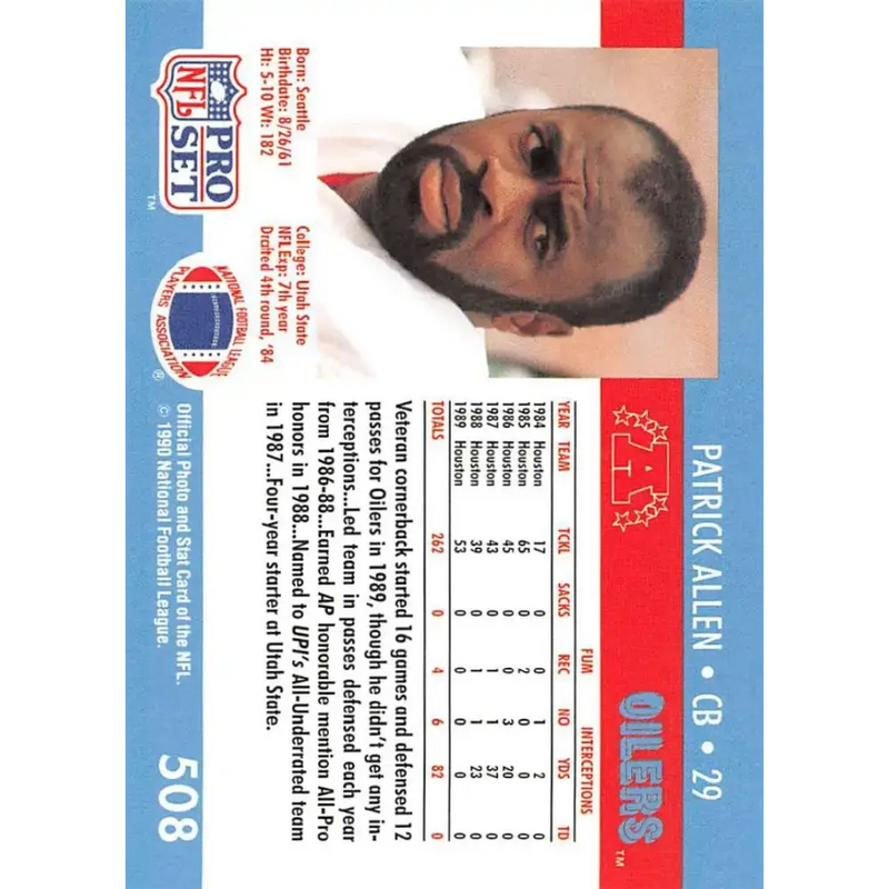 1990 Pro Set #508 Patrick Allen NM-MT RC Rookie Houston Oilers Football Card - Football Card Single