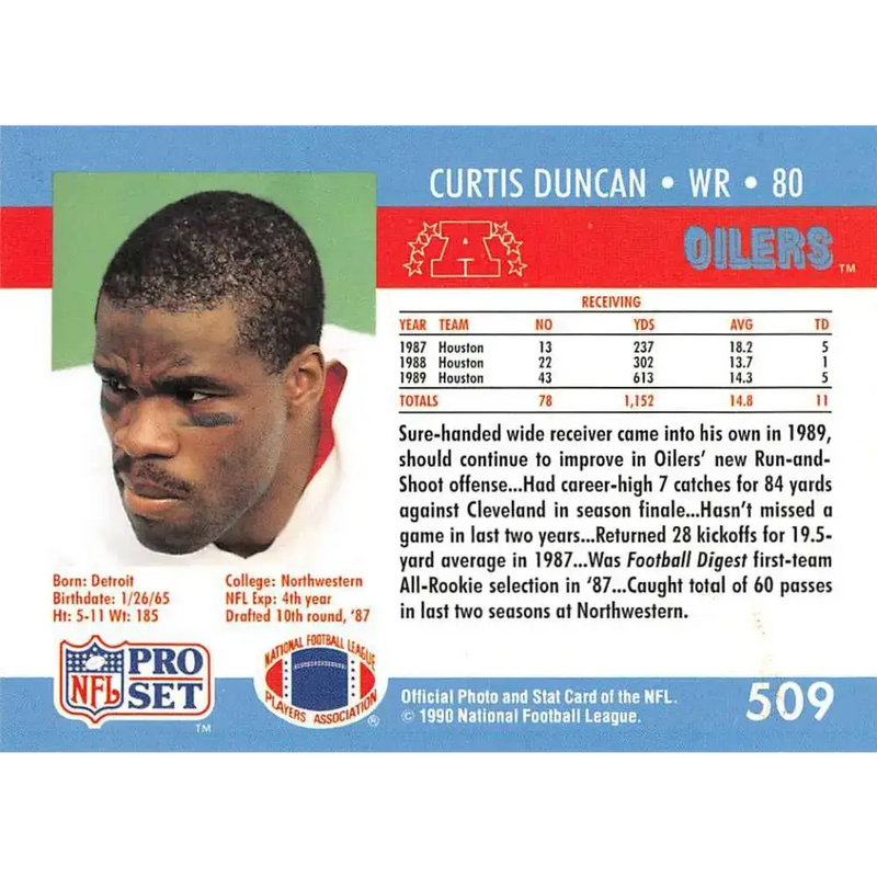 1990 Pro Set #509 Curtis Duncan NM-MT Houston Oilers Football Card - Football Card Single