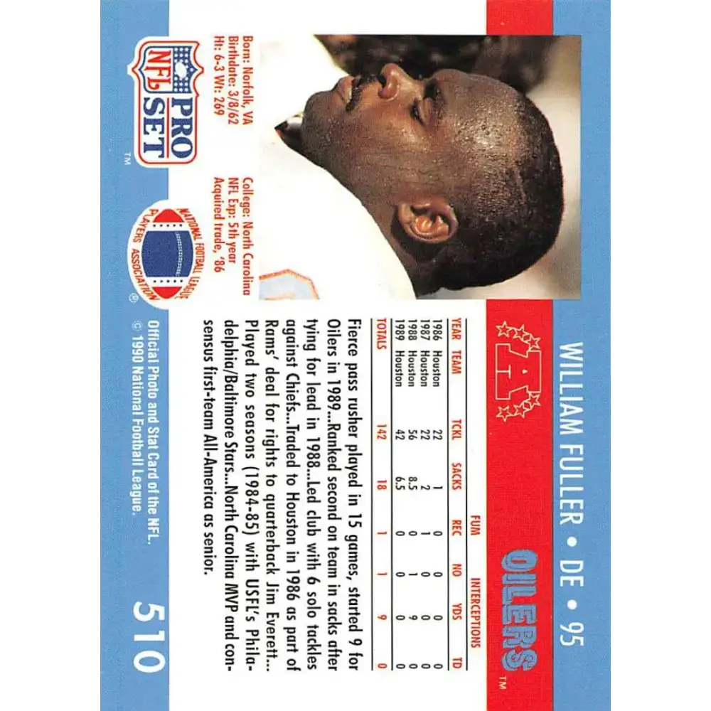 1990 Pro Set #510 William Fuller NM-MT Houston Oilers Football Card - Football Card Single