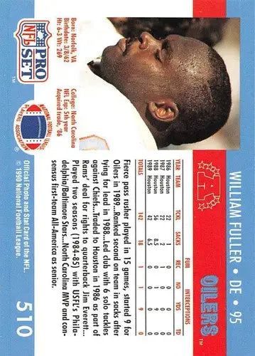 Original gloss football card back from 1990 Pro Set featuring William Fuller Oilers
