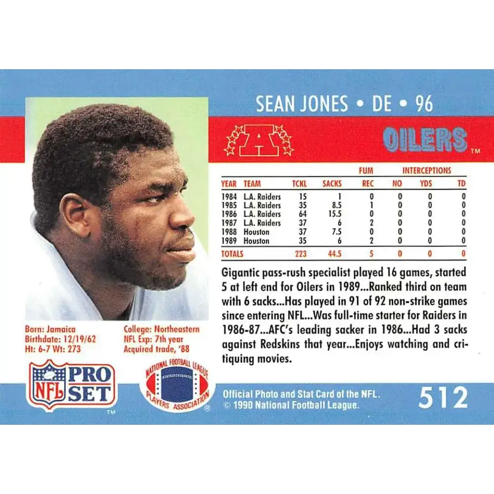 1990 Pro Set #512 Sean Jones NM-MT Houston Oilers Football Card - Football Card Single