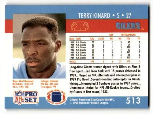 1990 Pro Set Terry Kinard Houston Oilers football card for collectors