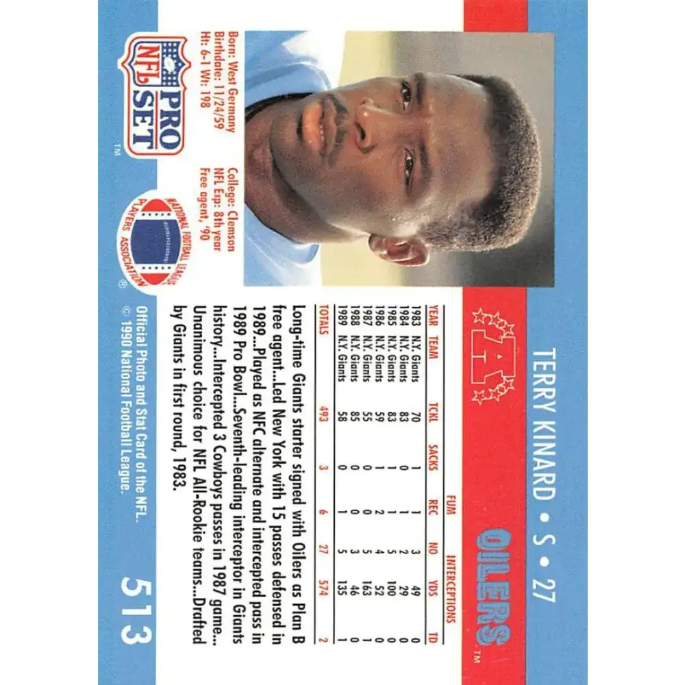 1990 Pro Set #513 Terry Kinard NM-MT Houston Oilers Football Card - Football Card Single