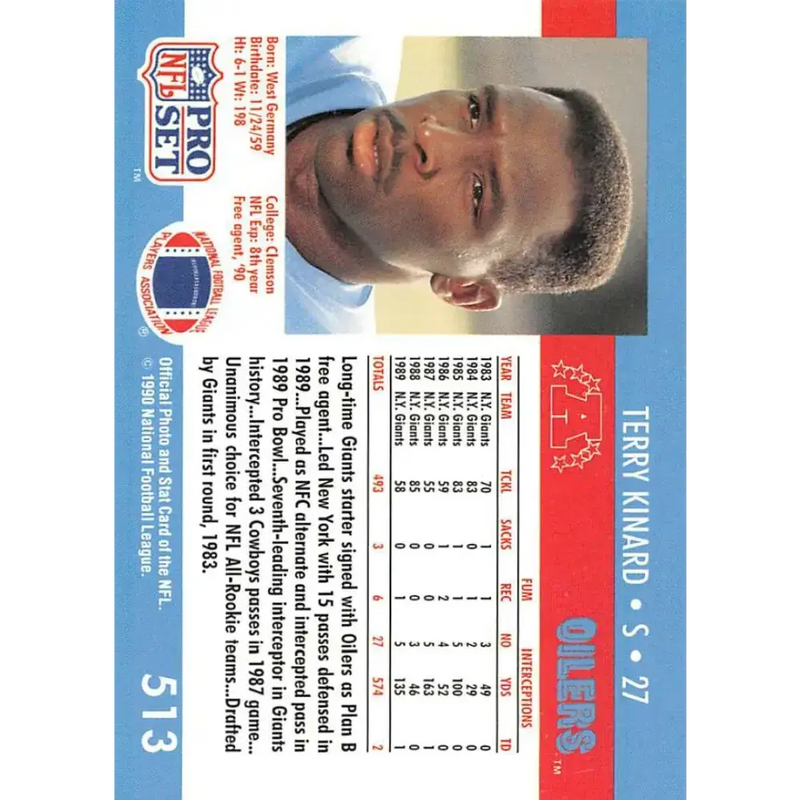 1990 Pro Set #513 Terry Kinard NM-MT Houston Oilers Football Card - Football Card Single