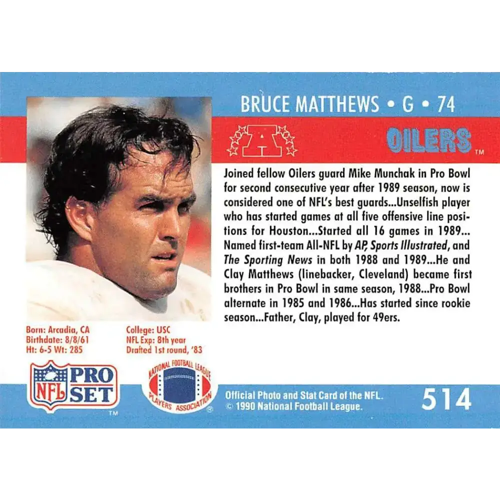 1990 Pro Set #514 Bruce Matthews NM-MT Houston Oilers Football Card - Football Card Single