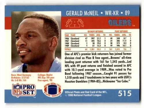 Original gloss Gerald McNeil Houston football card from 1990 Pro Set Houston Oilers
