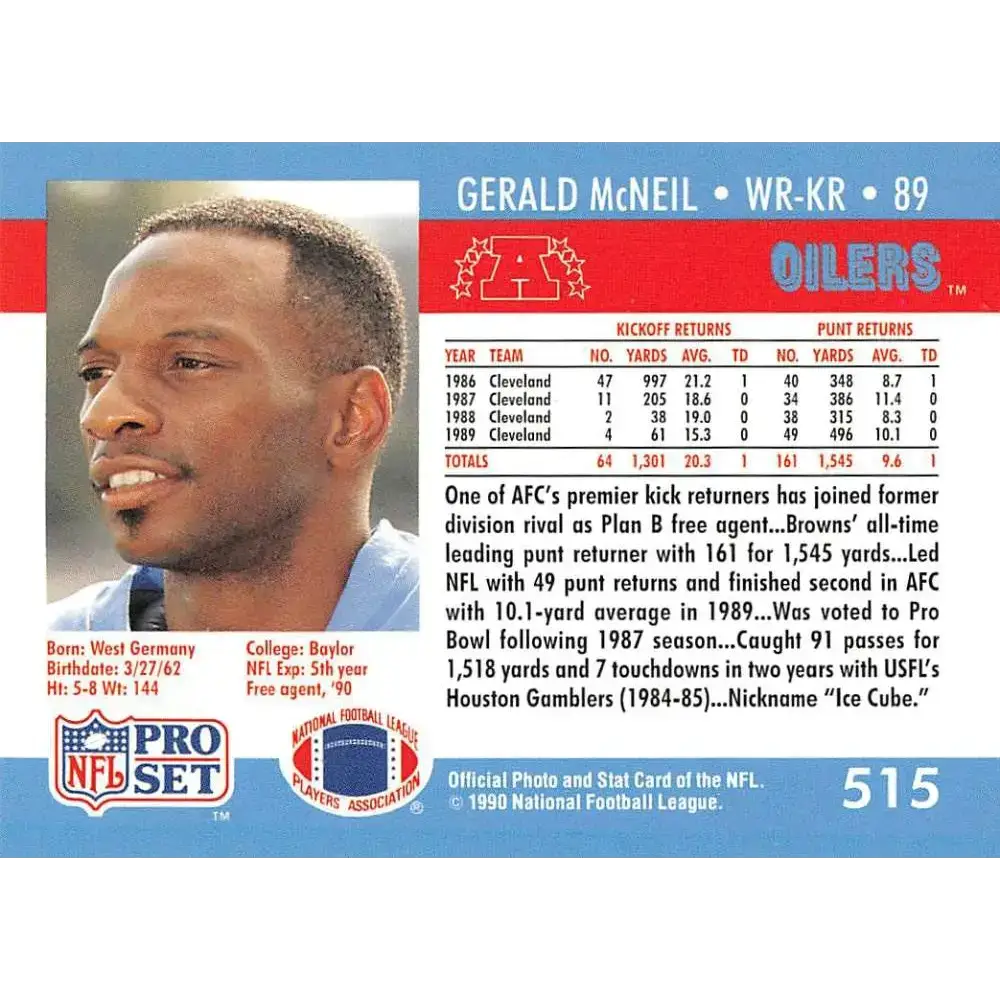 1990 Pro Set #515 Gerald McNeil NM-MT Houston Oilers Football Card - Football Card Single