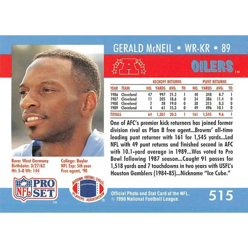 1990 Pro Set #515 Gerald McNeil NM-MT Houston Oilers Football Card - Football Card Single