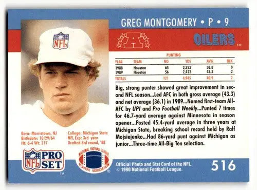 Original gloss Greg Montgomery Houston Oilers football card from 1990 Pro Set #516