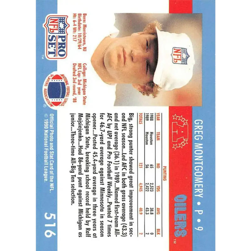 1990 Pro Set #516 Greg Montgomery NM-MT RC Rookie Houston Oilers Football Card - Football Card Single