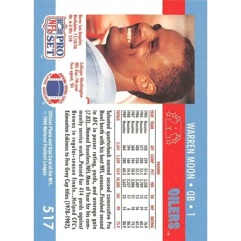 1990 Pro Set #517 Warren Moon NM-MT Houston Oilers Football Card - Football Card Single