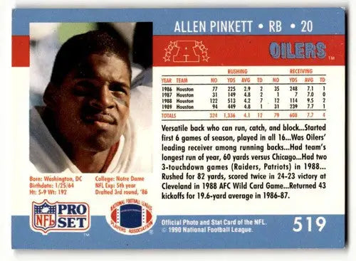 Original gloss Allen Pinkett Houston football card featuring Pinkett Houston Oilers memorabilia