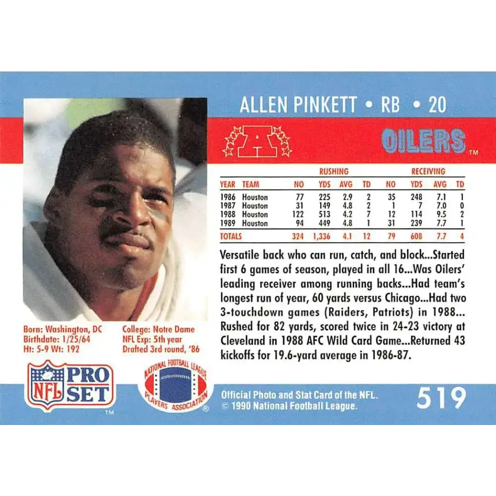 1990 Pro Set #519 Allen Pinkett NM-MT Houston Oilers Football Card - Football Card Single