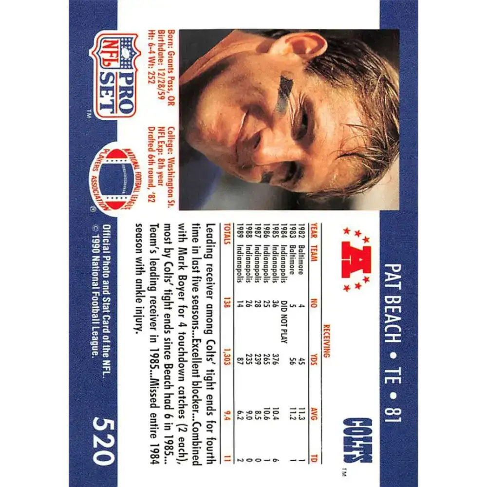 1990 Pro Set #520 Pat Beach NM-MT Indianapolis Colts Football Card - Football Card Single