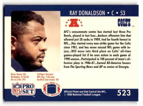 Ray Donaldson Indianapolis football card from 1990 Pro Set series featuring Donaldson Indianapolis player