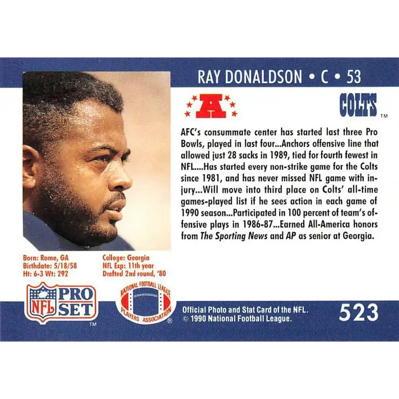 1990 Pro Set #523 Ray Donaldson NM-MT Indianapolis Colts Football Card - Football Card Single