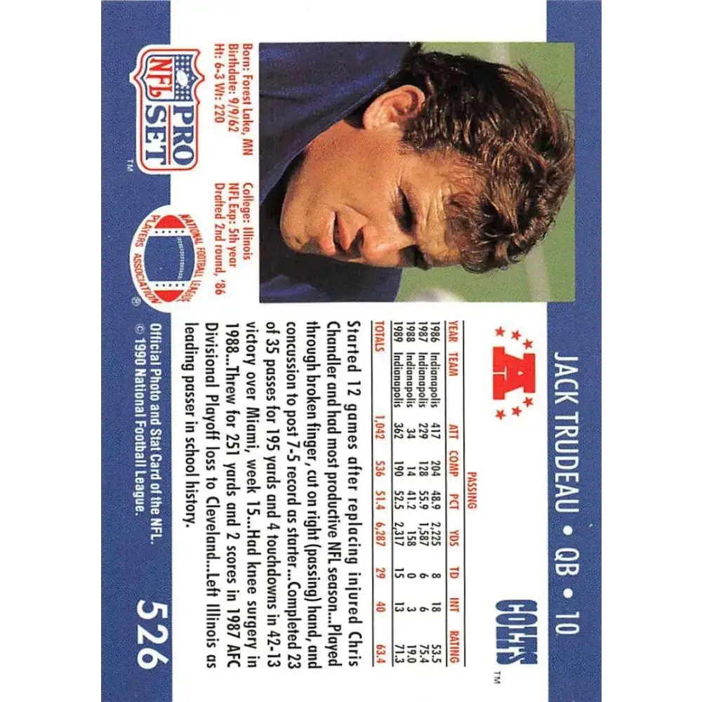 1990 Pro Set #526 Jack Trudeau NM-MT Indianapolis Colts Football Card - Football Card Single