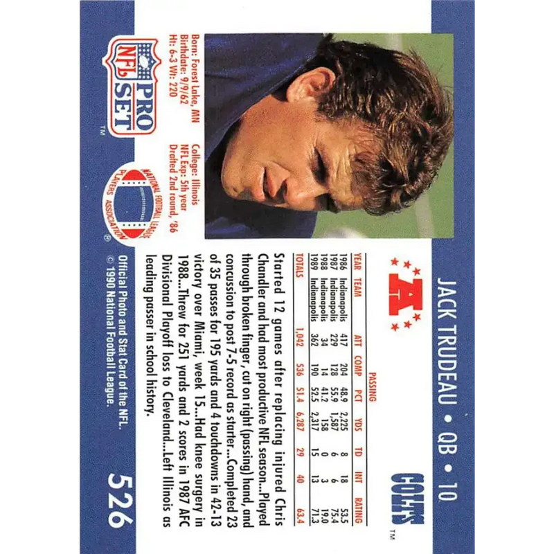 1990 Pro Set #526 Jack Trudeau NM-MT Indianapolis Colts Football Card - Football Card Single