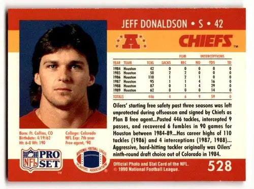 Jeff Donaldson Kansas City football card from 1990 Pro Set #528 featuring Donaldson Kansas City