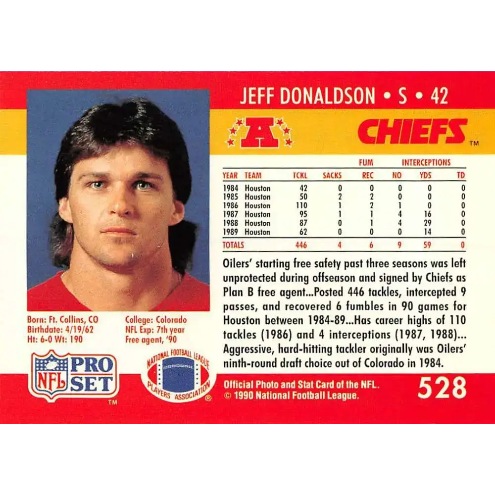 1990 Pro Set #528 Jeff Donaldson NM-MT Kansas City Chiefs Football Card - Football Card Single