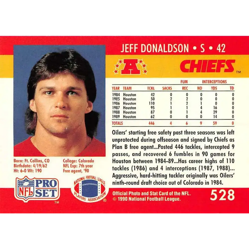 1990 Pro Set #528 Jeff Donaldson NM-MT Kansas City Chiefs Football Card - Football Card Single
