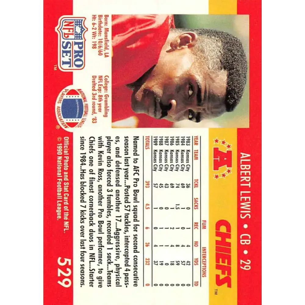 1990 Pro Set #529 Albert Lewis NM-MT Kansas City Chiefs Football Card - Football Card Single