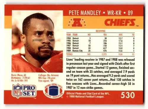 Original gloss Pete Mandley Kansas football card from 1990 Pro Set Kansas City Chiefs