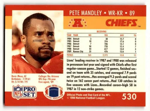 Original gloss Pete Mandley Kansas football card from 1990 Pro Set Kansas City Chiefs