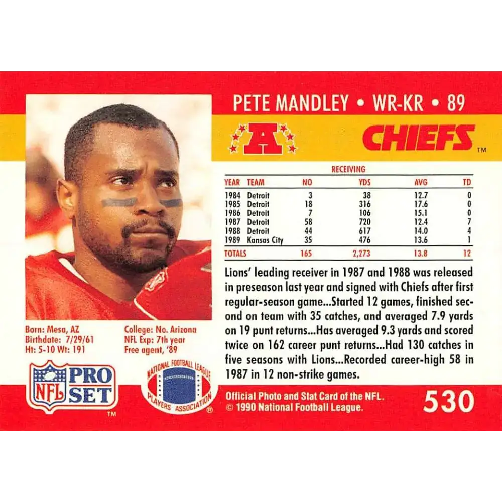 1990 Pro Set #530 Pete Mandley NM-MT Kansas City Chiefs Football Card - Football Card Single